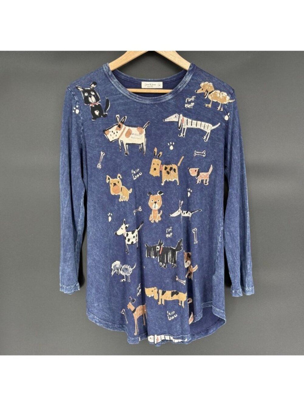 Jess & Jane Womens Dog Print Tunic Top M Blue Mineral Wash USA Novelty Artsy